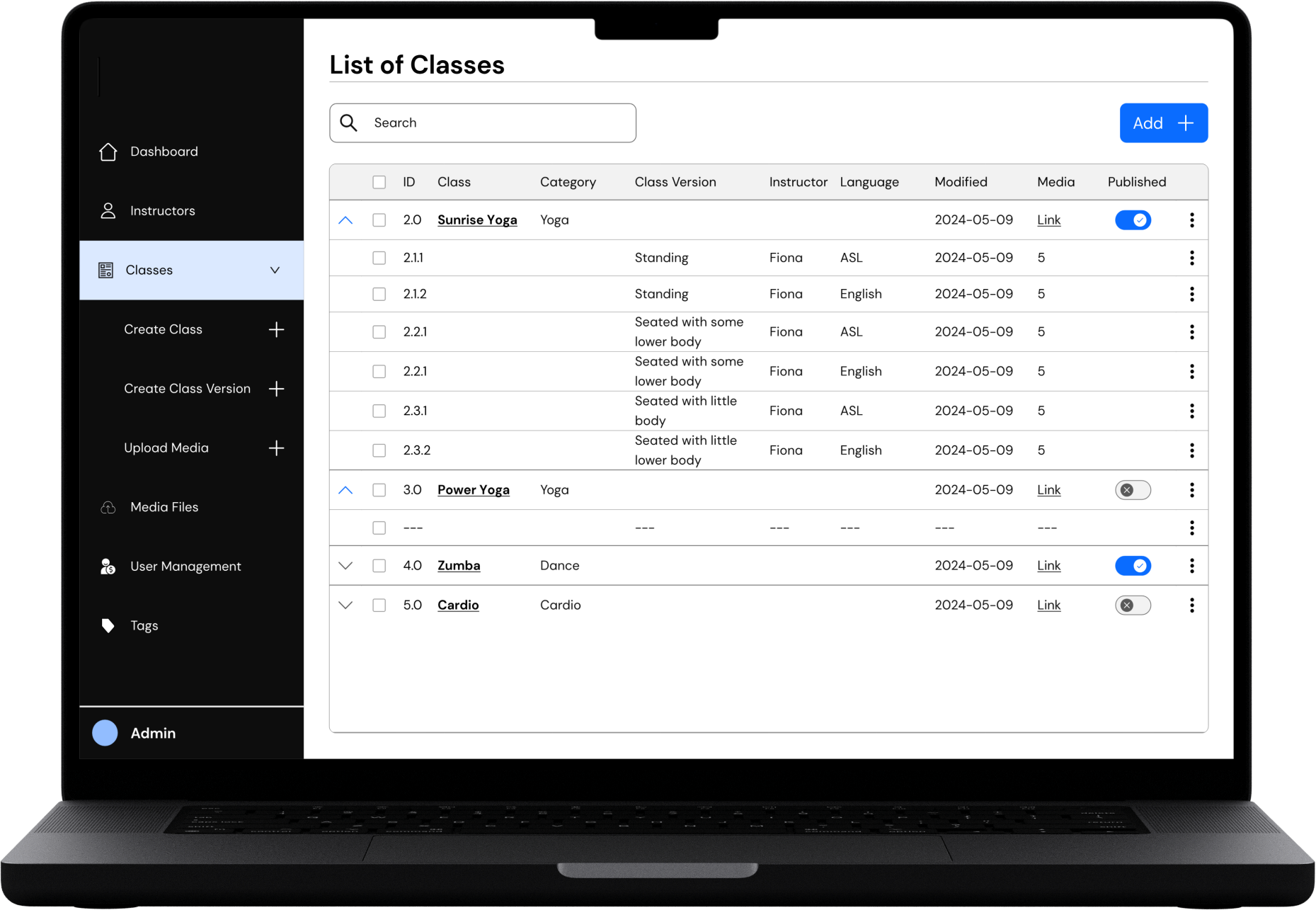 Admin panel interface