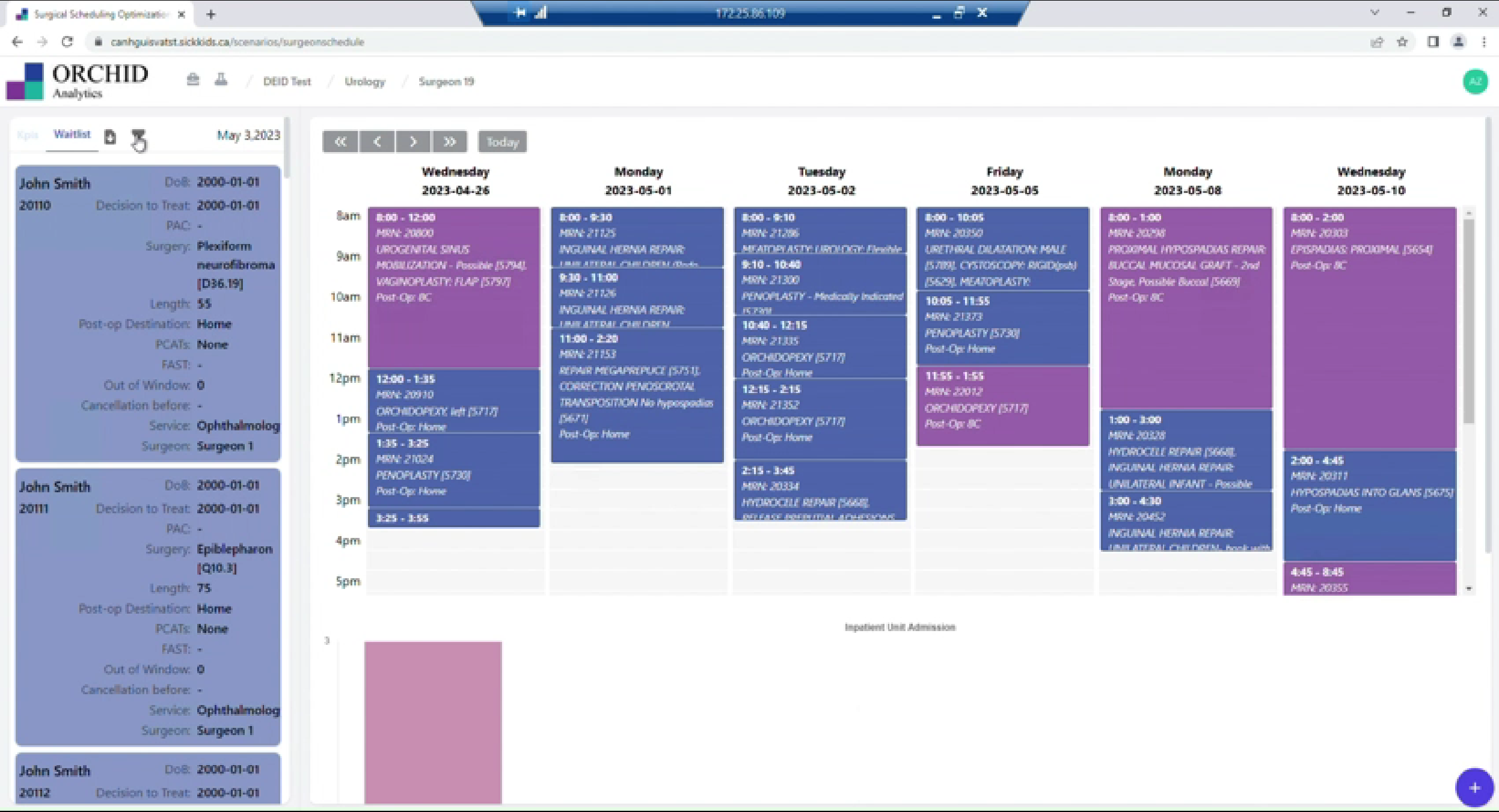 Detailed weekly schedule with patient information