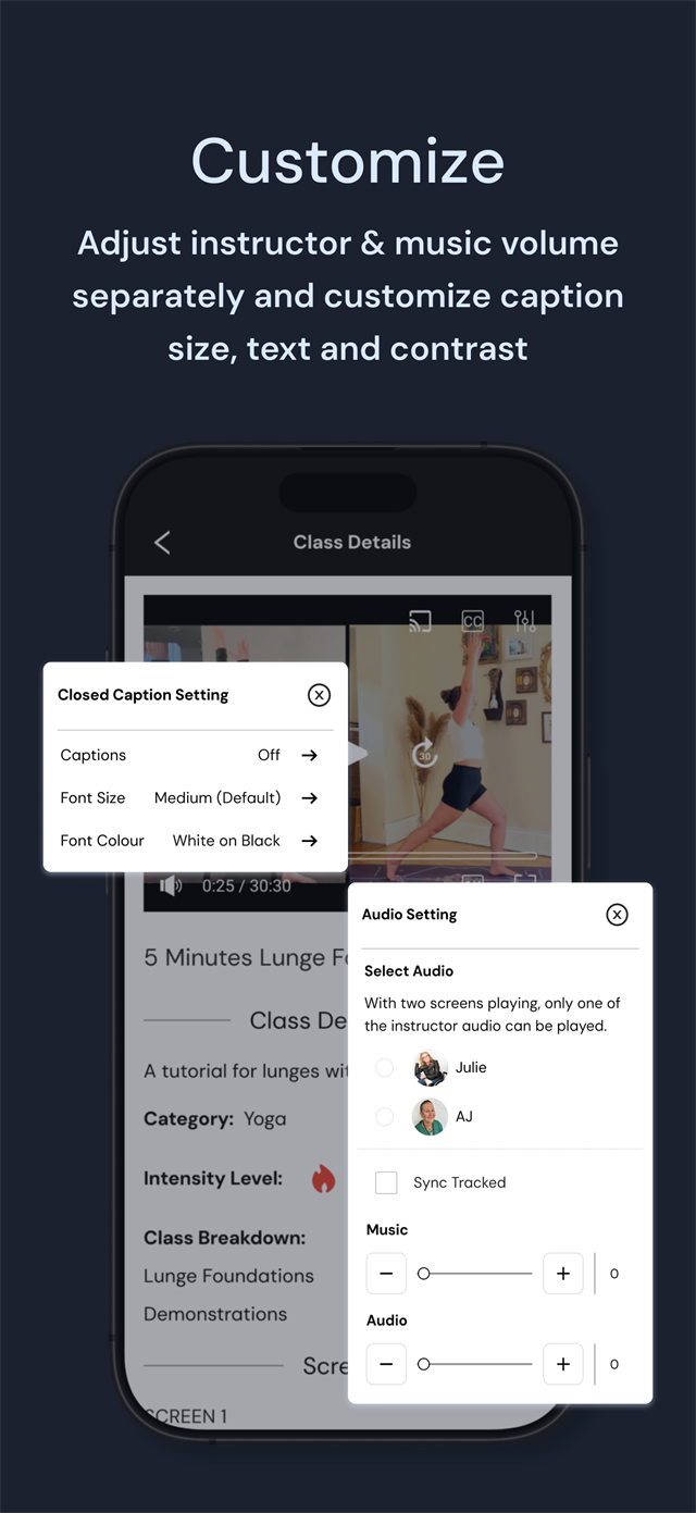 App Store screenshot titled Customize. A Closed Caption Setting panel offers captions, font size and font colour. An Audio Setting panel has separate Music and Audio levels, each adjusted with minus and plus buttons rather than a slider.