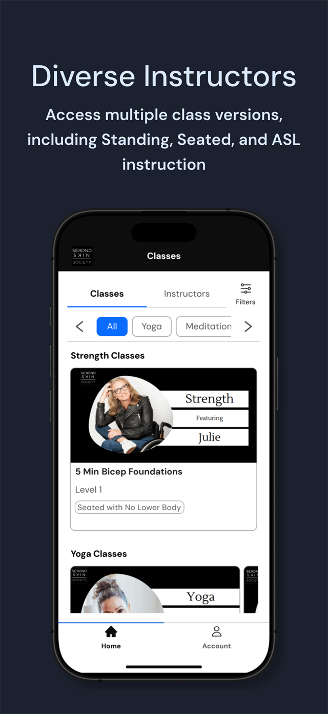App Store screenshot titled Diverse Instructors. A class card shows the title, Level 1, and a tag reading Seated with No Lower Body, so the adapted version is named before the class is opened.