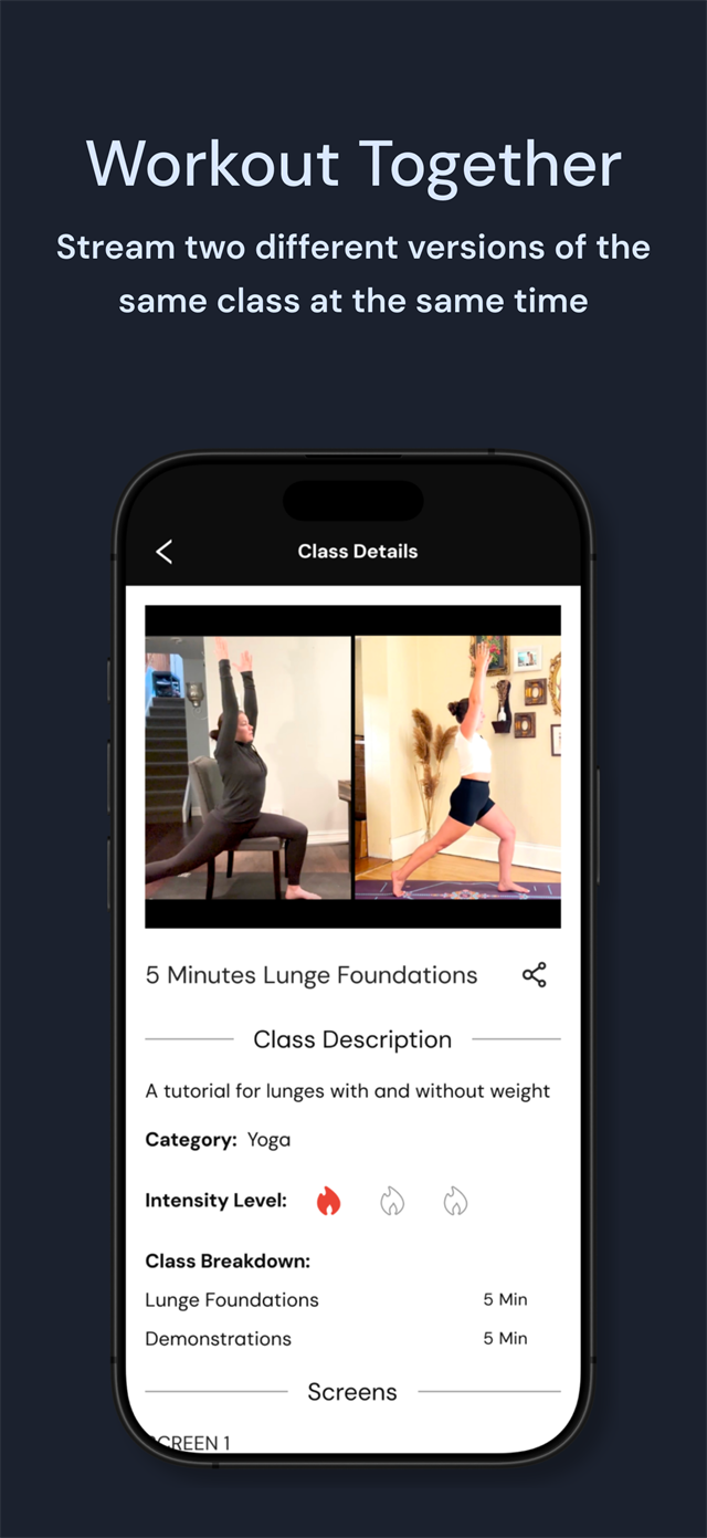 App Store screenshot titled Workout Together. Two versions of the same lunge class play side by side, seated on the left and standing on the right.